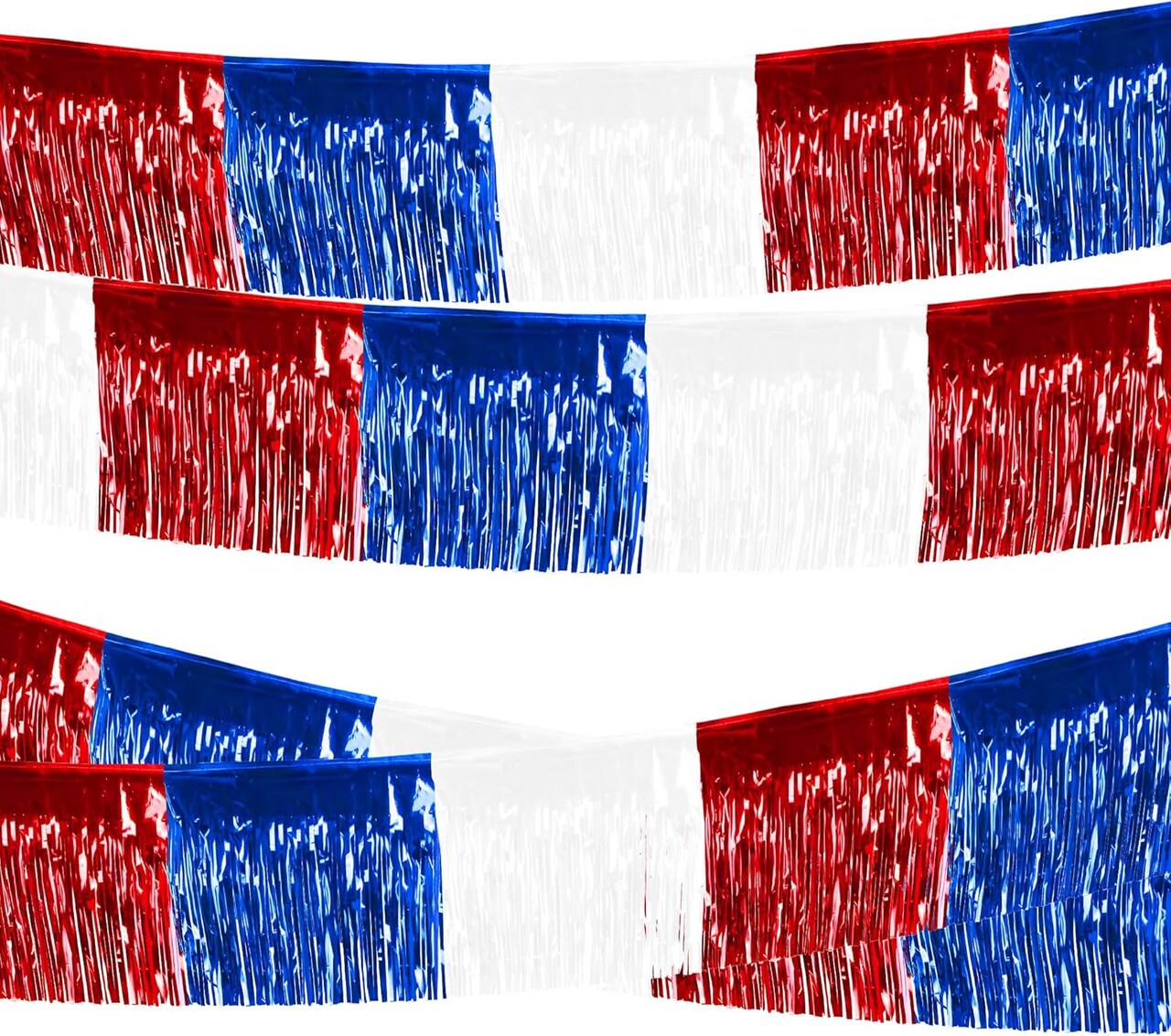 Fourth of July Decorations 4 Packs Foil Fringe Garland Hanging Banner White Red Blue Streamers Curtains Shiny Metallic Tinsel Wall for Parade Floats Birthday Party Ceremonies Independence Day Car